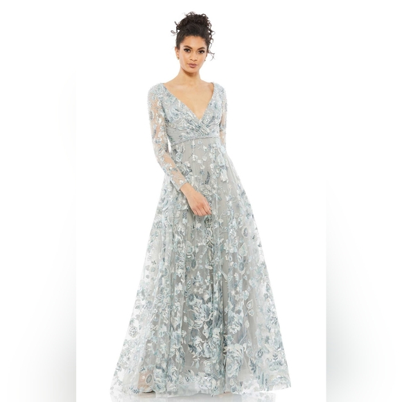 Mac Duggal Dresses & Skirts - NWT Sz 30 Mac Duggal 67869 Platinum Embellished Illusion Long Sleeve A Line Gown